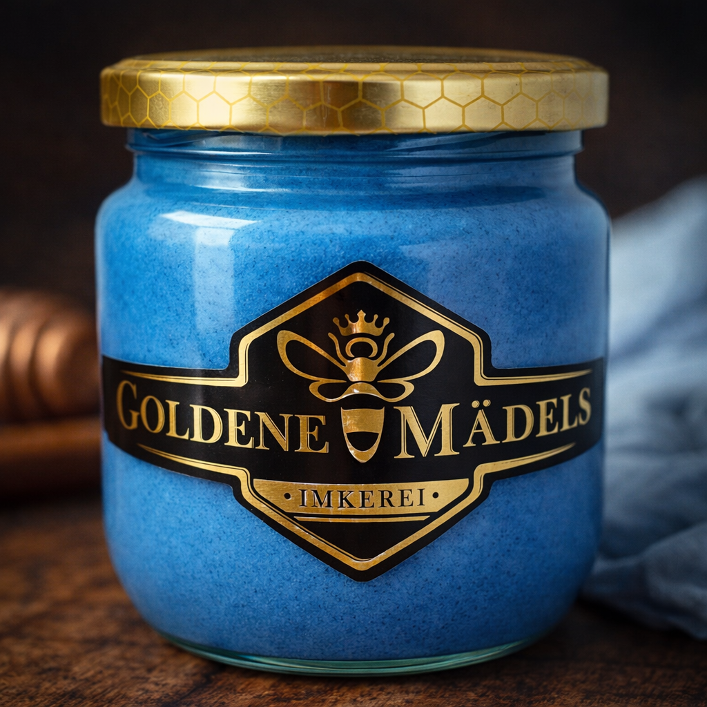 Glas Honig mit Spirulina Blue in intensiver blauer Farbe aus der Imkerei Goldene Mädels